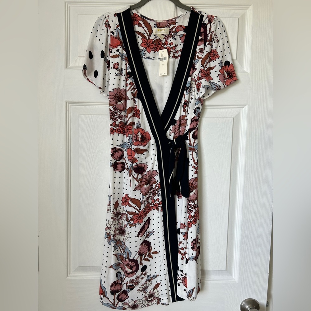 Maeve by Anthropologie White Floral Wrap Dress with Black Trim